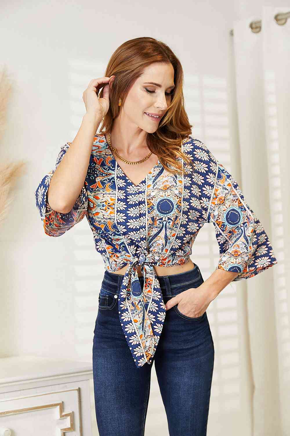 Double Take Tie Hem V - Neck Three - Quarter Sleeve Blouse - Mervyns