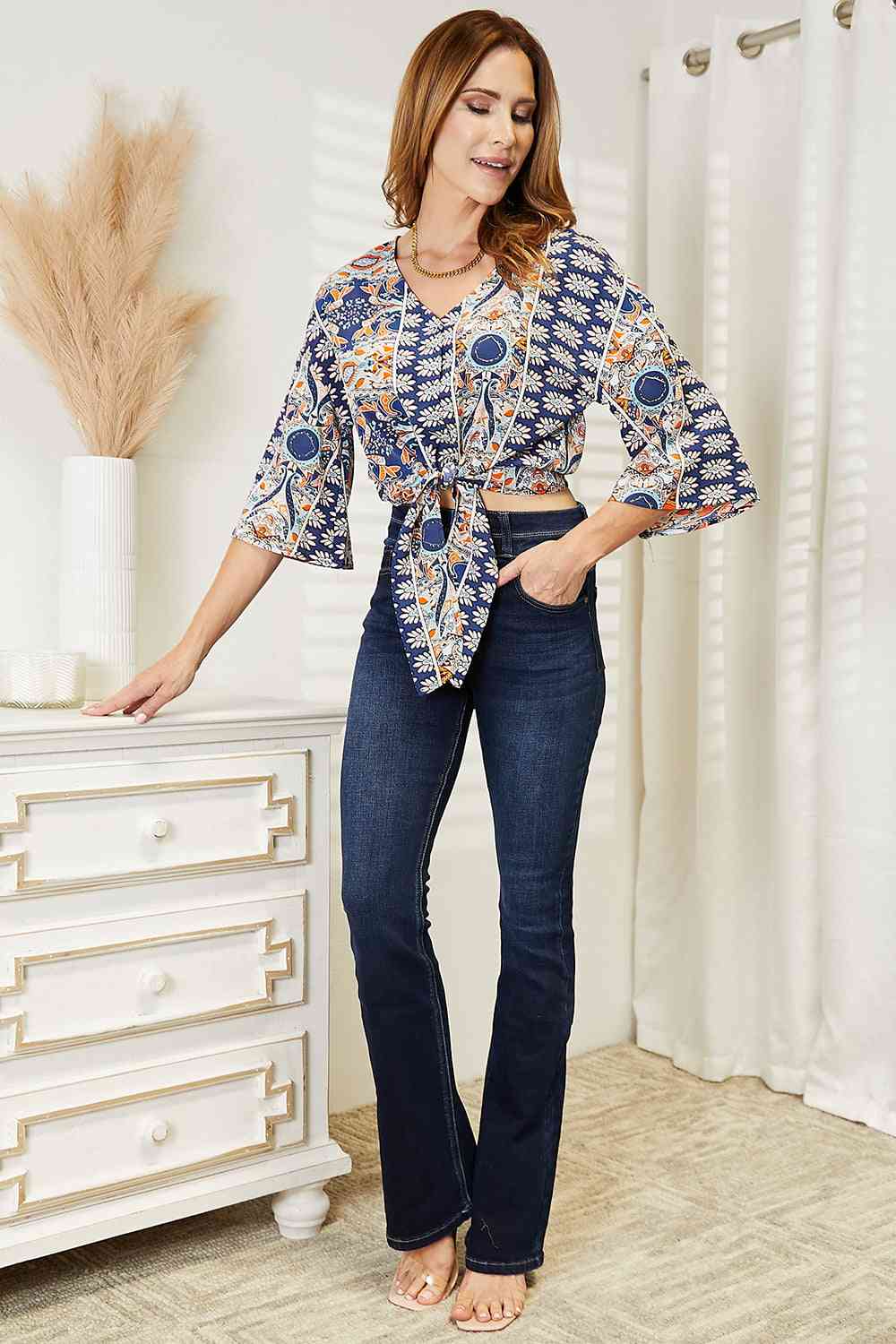 Double Take Tie Hem V - Neck Three - Quarter Sleeve Blouse - Mervyns