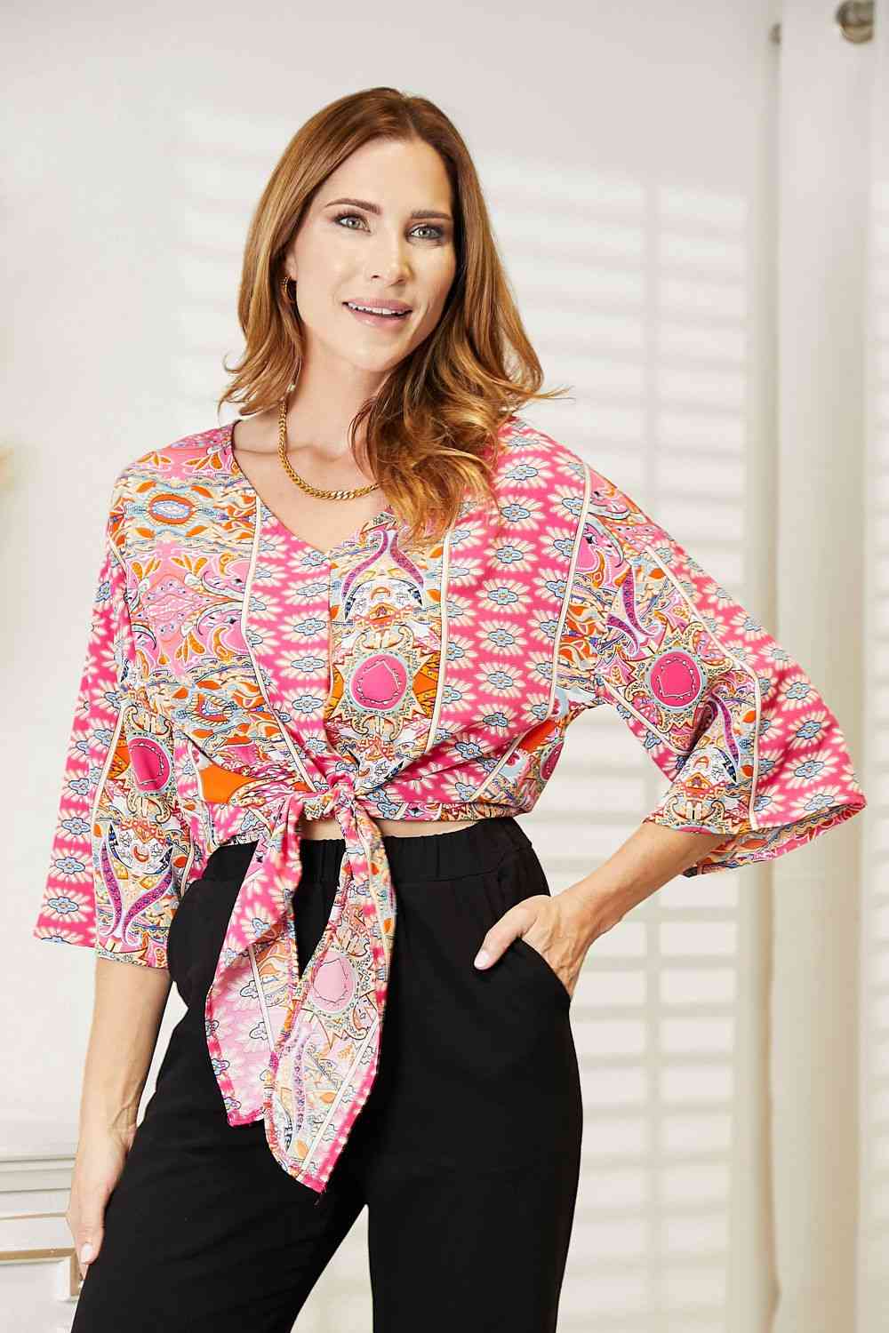 Double Take Tie Hem V - Neck Three - Quarter Sleeve Blouse - Mervyns