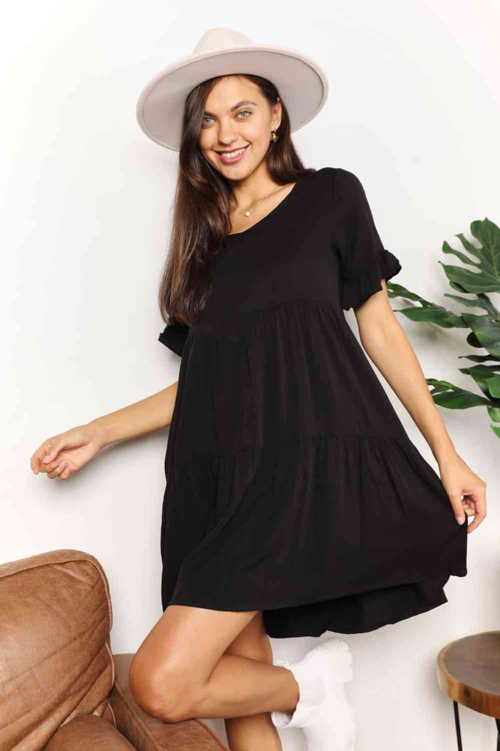 Double Take V - Neck Flounce Sleeve Tiered Dress - Mervyns