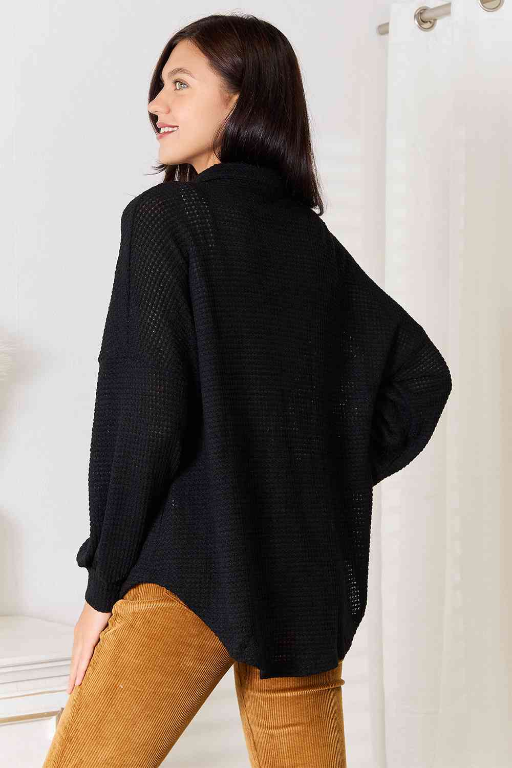 Double Take Waffle - Knit Collared Neck Dropped Shoulder Shirt - Mervyns