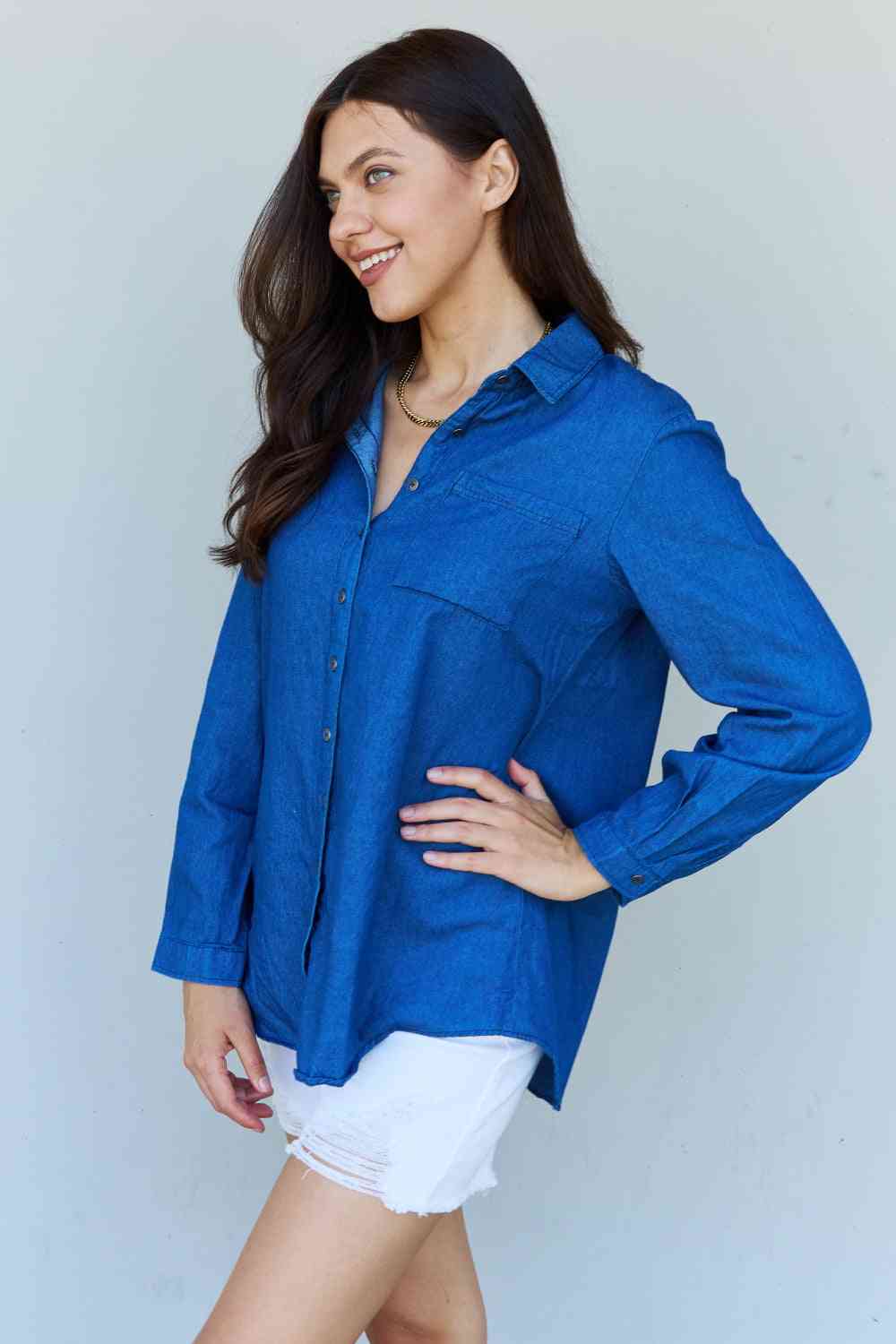 Doublju Blue Jean Baby Denim Button Down Shirt Top in Dark Blue - Mervyns