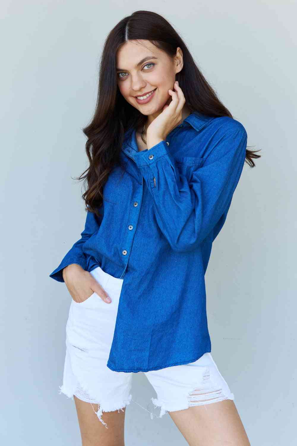 Doublju Blue Jean Baby Denim Button Down Shirt Top in Dark Blue - Mervyns