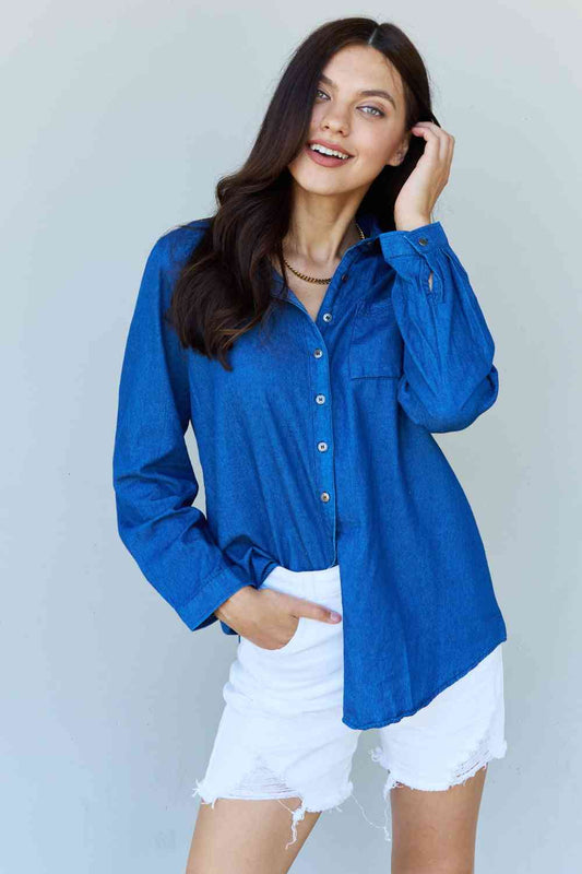 Doublju Blue Jean Baby Denim Button Down Shirt Top in Dark Blue - Mervyns