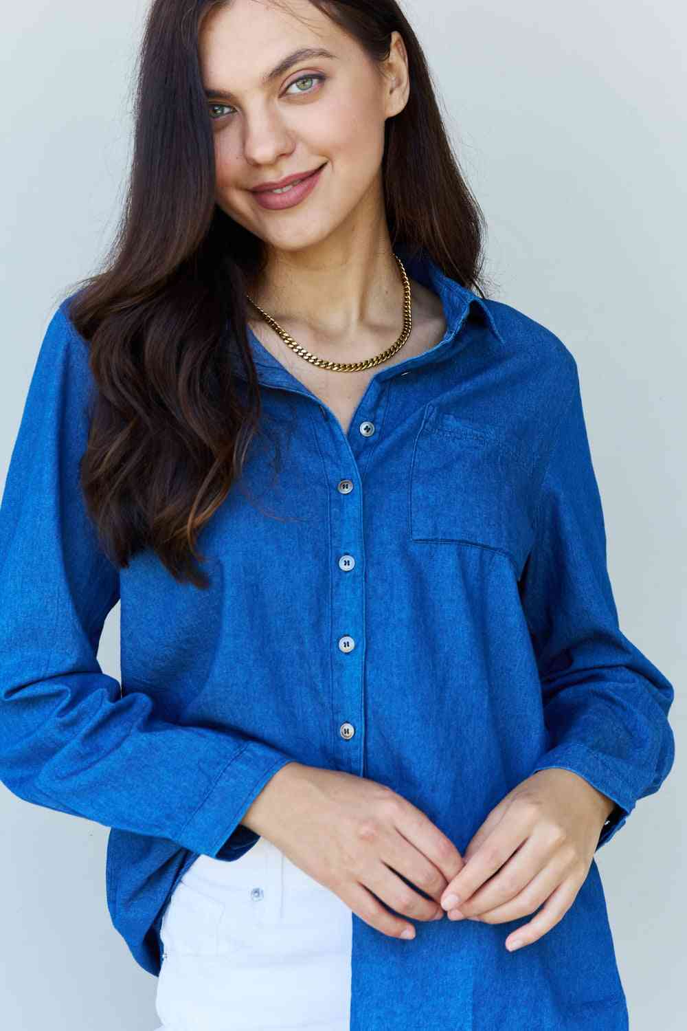 Doublju Blue Jean Baby Denim Button Down Shirt Top in Dark Blue - Mervyns