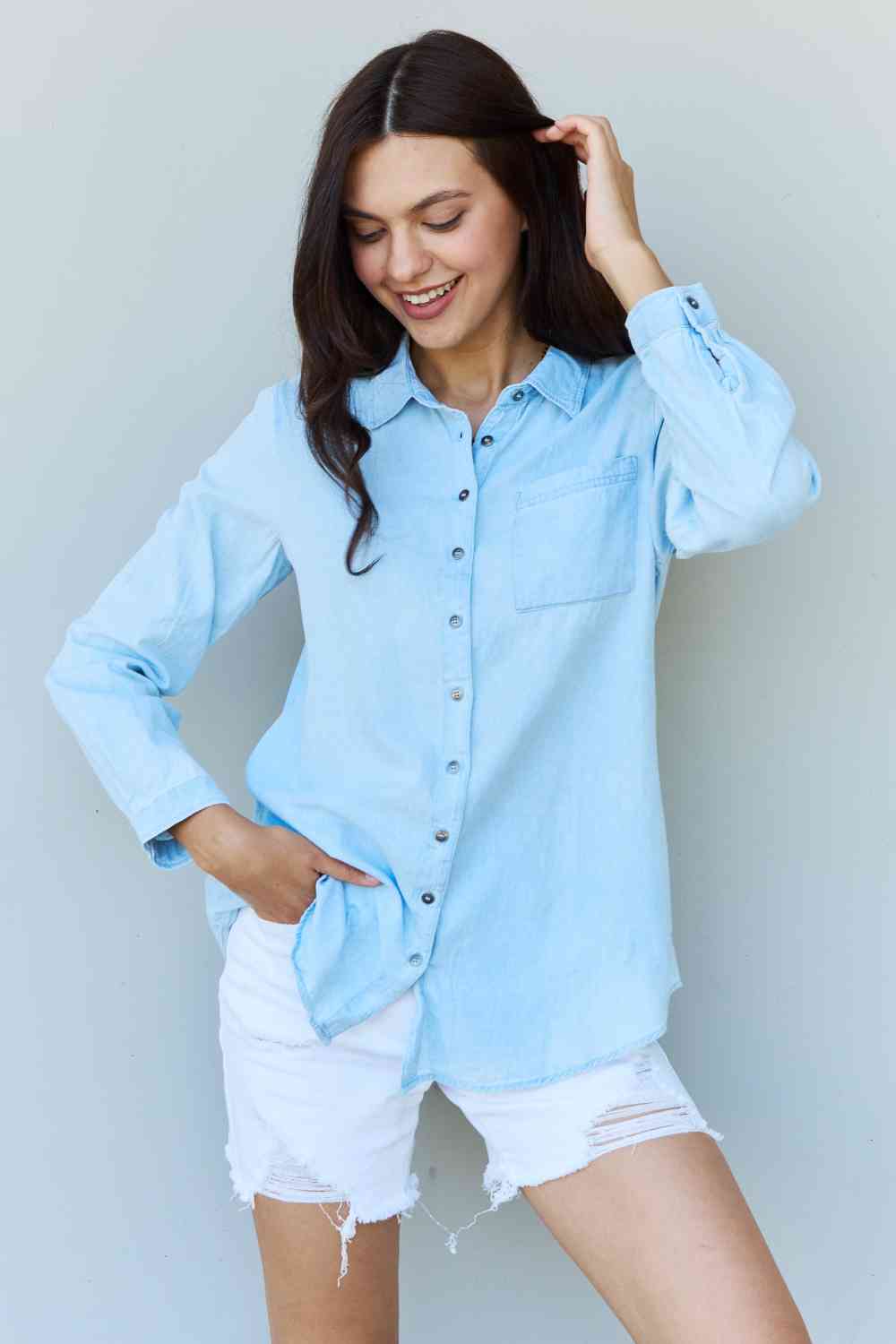 Doublju Blue Jean Baby Denim Button Down Shirt Top in Light Blue - Mervyns