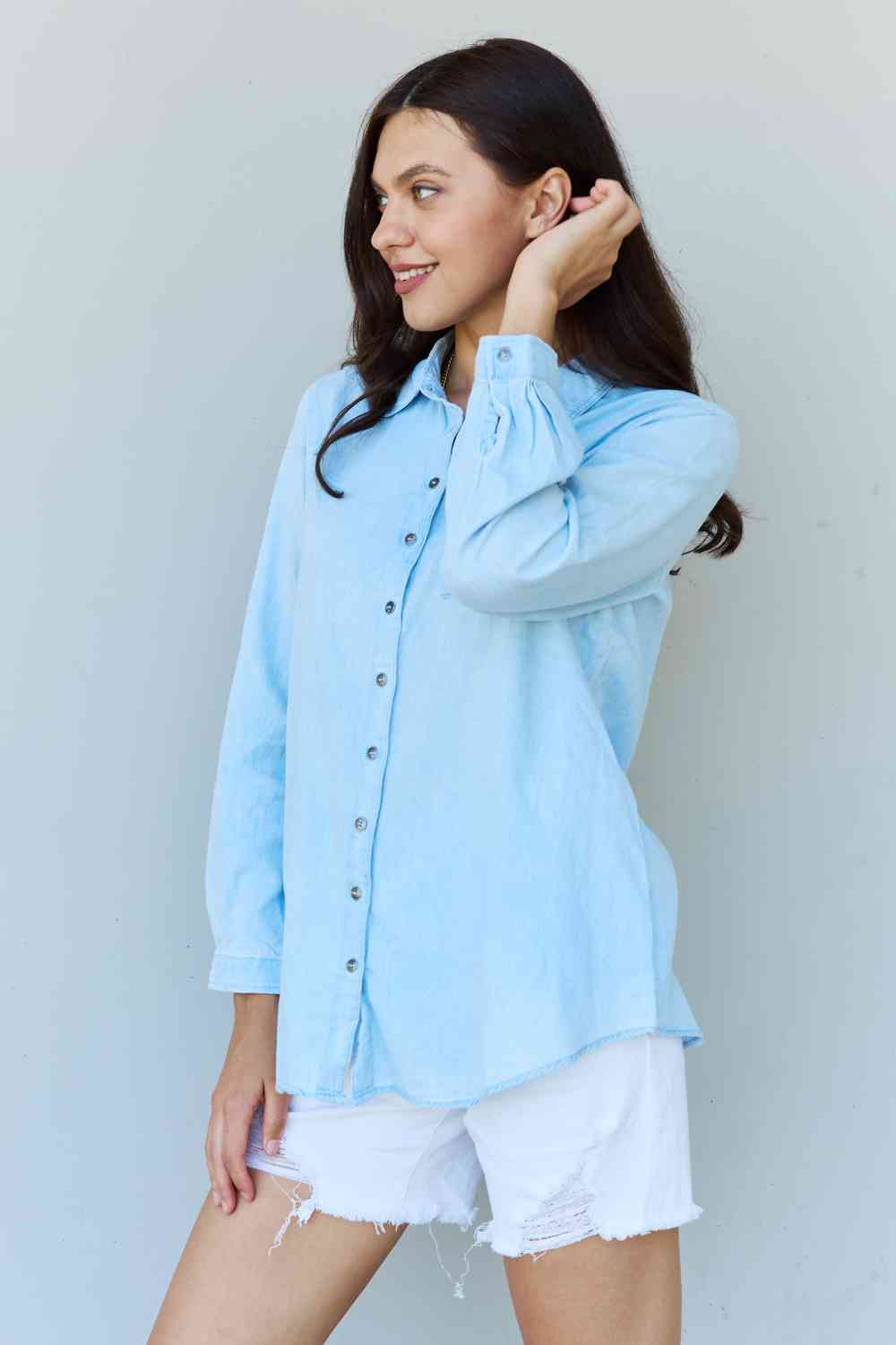 Doublju Blue Jean Baby Denim Button Down Shirt Top in Light Blue - Mervyns