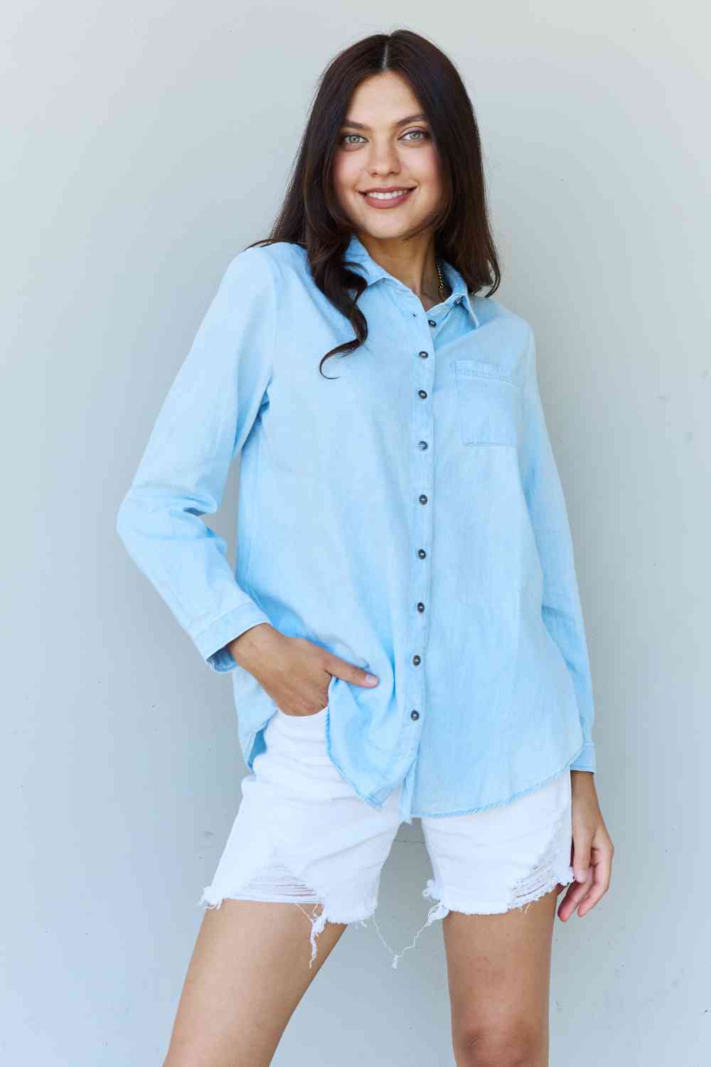 Doublju Blue Jean Baby Denim Button Down Shirt Top in Light Blue - Mervyns