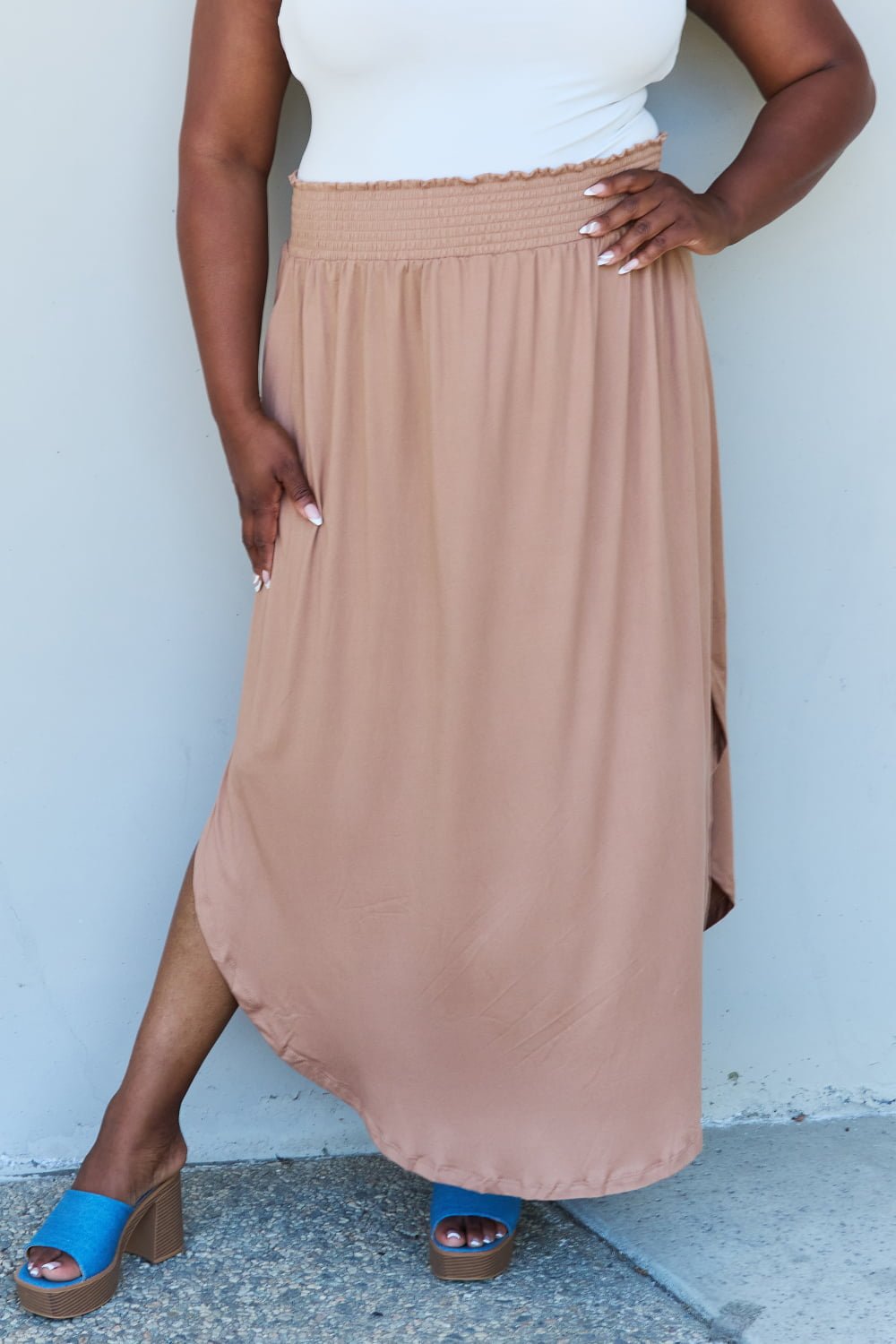 Doublju Comfort Princess Full Size High Waist Scoop Hem Maxi Skirt in Tan - Mervyns