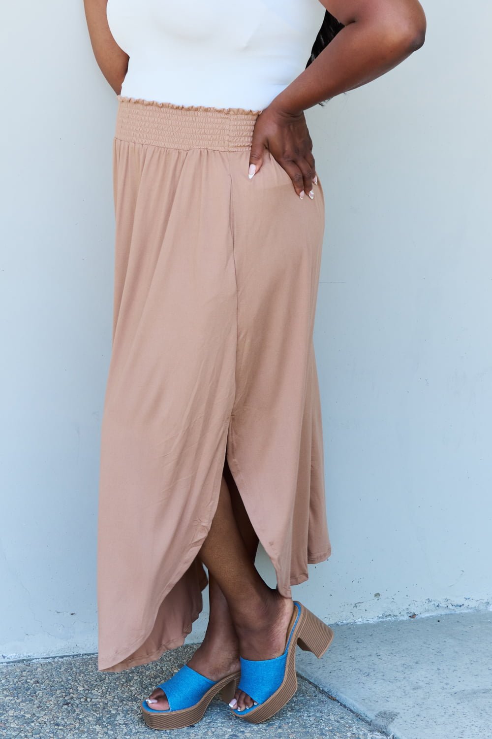 Doublju Comfort Princess Full Size High Waist Scoop Hem Maxi Skirt in Tan - Mervyns