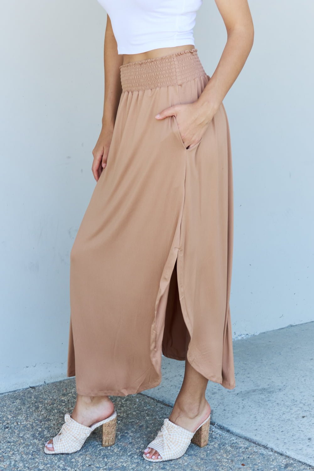 Doublju Comfort Princess Full Size High Waist Scoop Hem Maxi Skirt in Tan - Mervyns