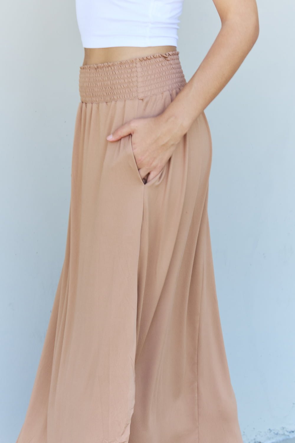 Doublju Comfort Princess Full Size High Waist Scoop Hem Maxi Skirt in Tan - Mervyns