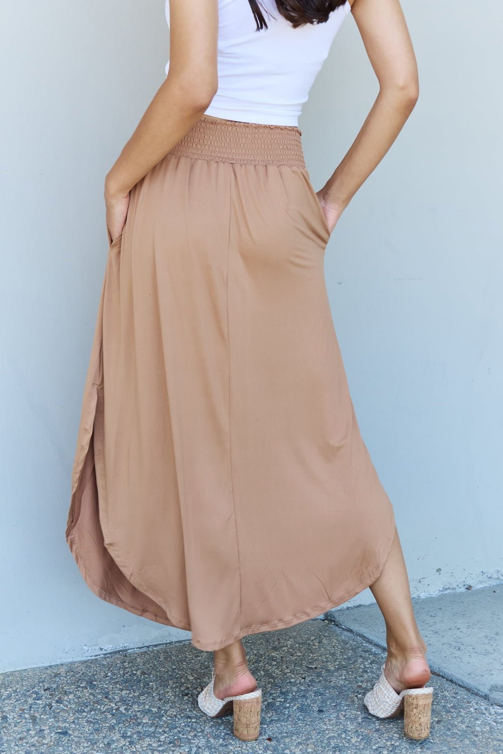 Doublju Comfort Princess Full Size High Waist Scoop Hem Maxi Skirt in Tan - Mervyns