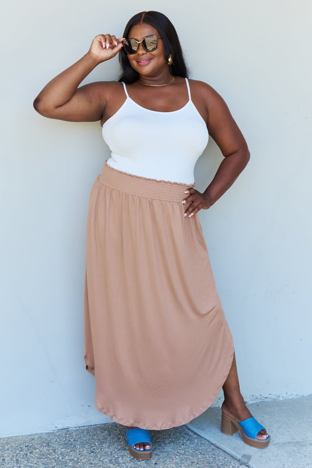 Doublju Comfort Princess Full Size High Waist Scoop Hem Maxi Skirt in Tan - Mervyns