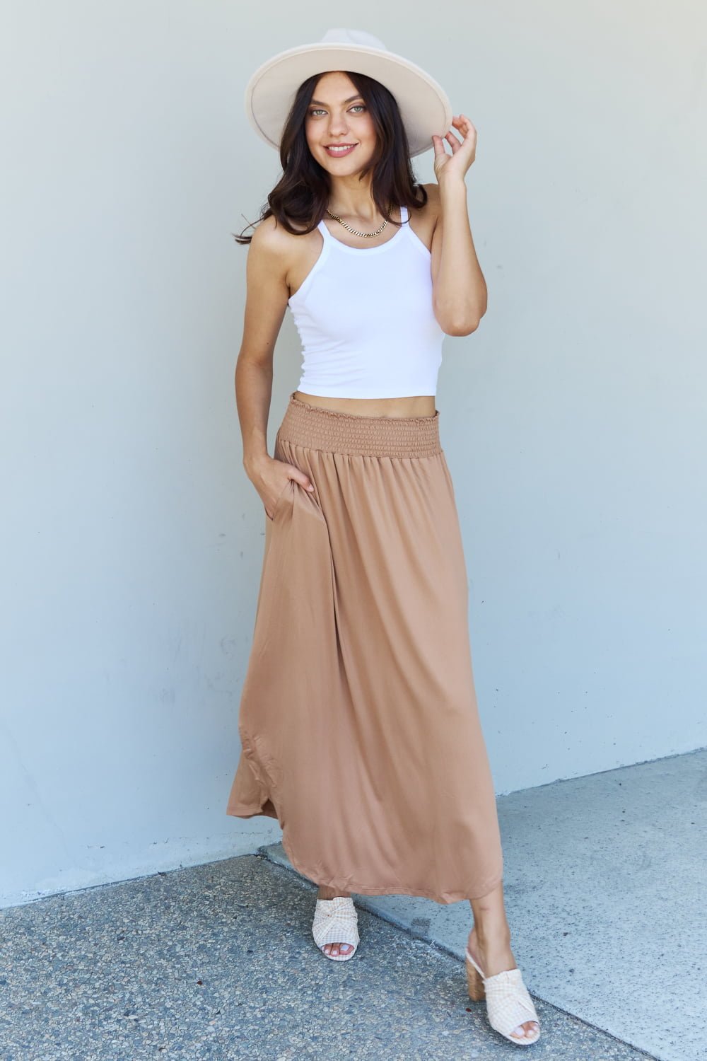 Doublju Comfort Princess Full Size High Waist Scoop Hem Maxi Skirt in Tan - Mervyns