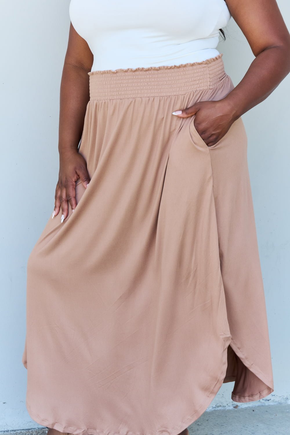 Doublju Comfort Princess Full Size High Waist Scoop Hem Maxi Skirt in Tan - Mervyns