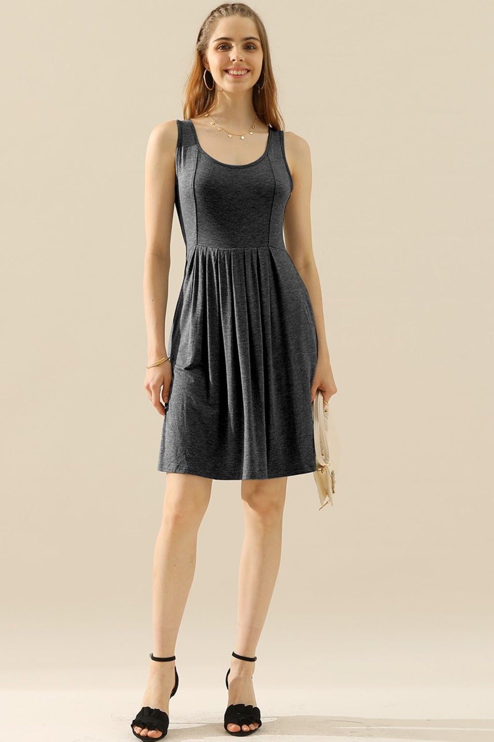 Doublju Full Size Round Neck Ruched Sleeveless Dress with Pockets - Mervyns