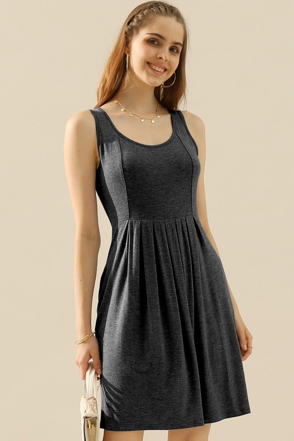 Doublju Full Size Round Neck Ruched Sleeveless Dress with Pockets - Mervyns