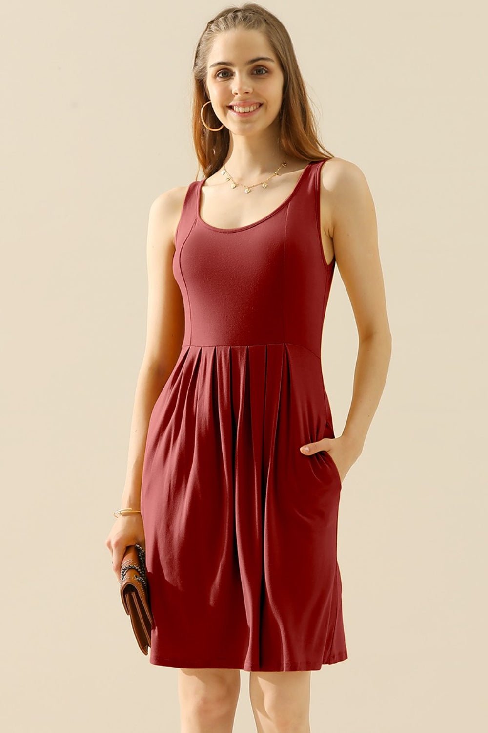 Doublju Full Size Round Neck Ruched Sleeveless Dress with Pockets - Mervyns