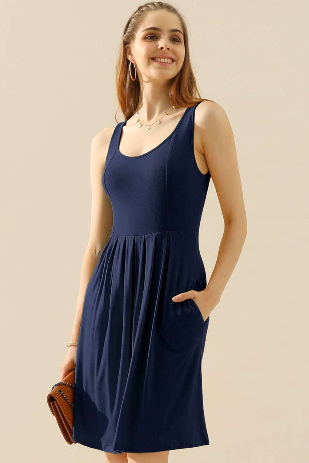 Doublju Full Size Round Neck Ruched Sleeveless Dress with Pockets - Mervyns