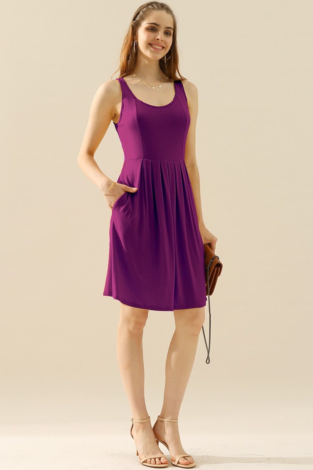 Doublju Full Size Round Neck Ruched Sleeveless Dress with Pockets - Mervyns