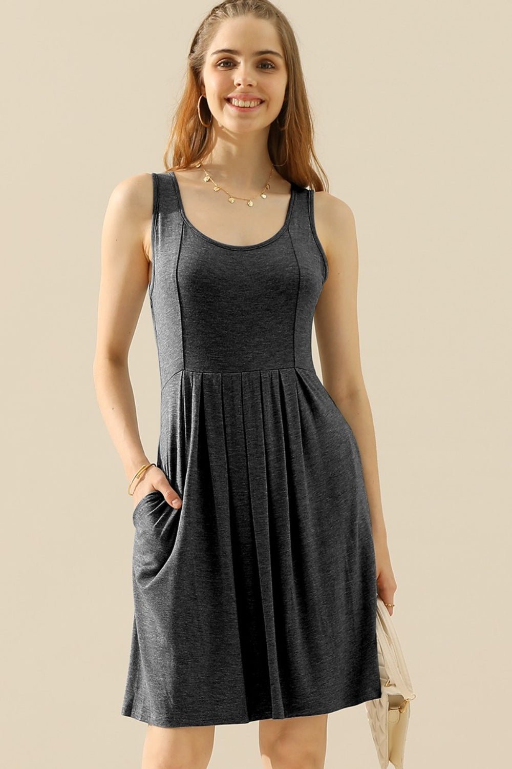 Doublju Full Size Round Neck Ruched Sleeveless Dress with Pockets - Mervyns