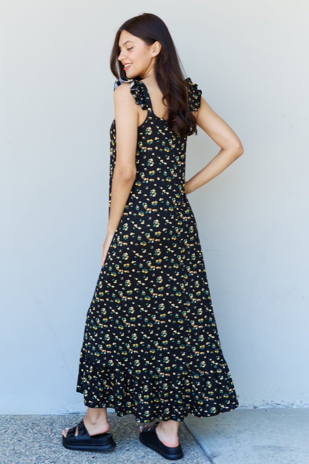 Doublju In The Garden Ruffle Floral Maxi Dress in Black Yellow Floral - Mervyns