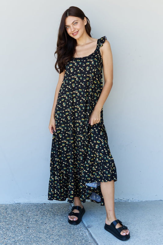 Doublju In The Garden Ruffle Floral Maxi Dress in Black Yellow Floral - Mervyns