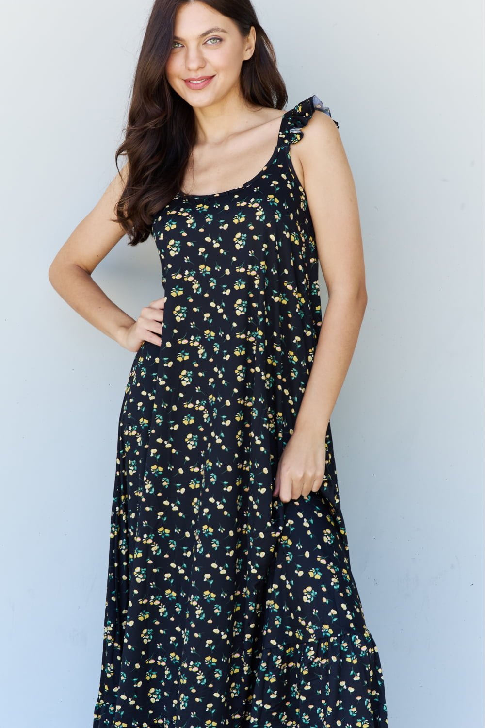 Doublju In The Garden Ruffle Floral Maxi Dress in Black Yellow Floral - Mervyns