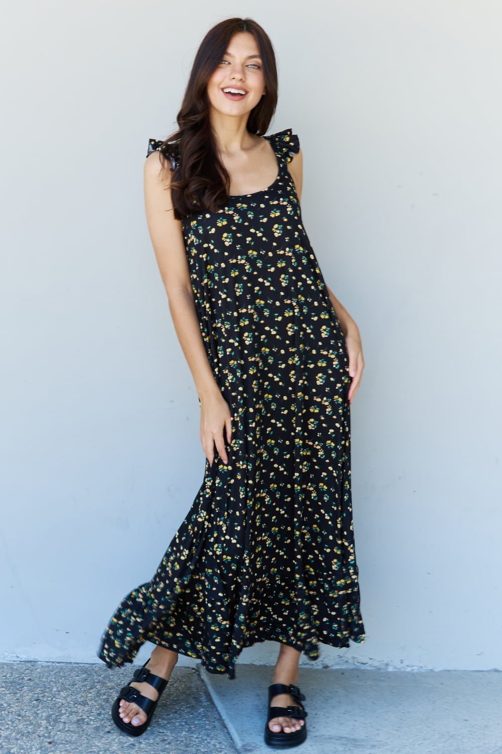 Doublju In The Garden Ruffle Floral Maxi Dress in Black Yellow Floral - Mervyns