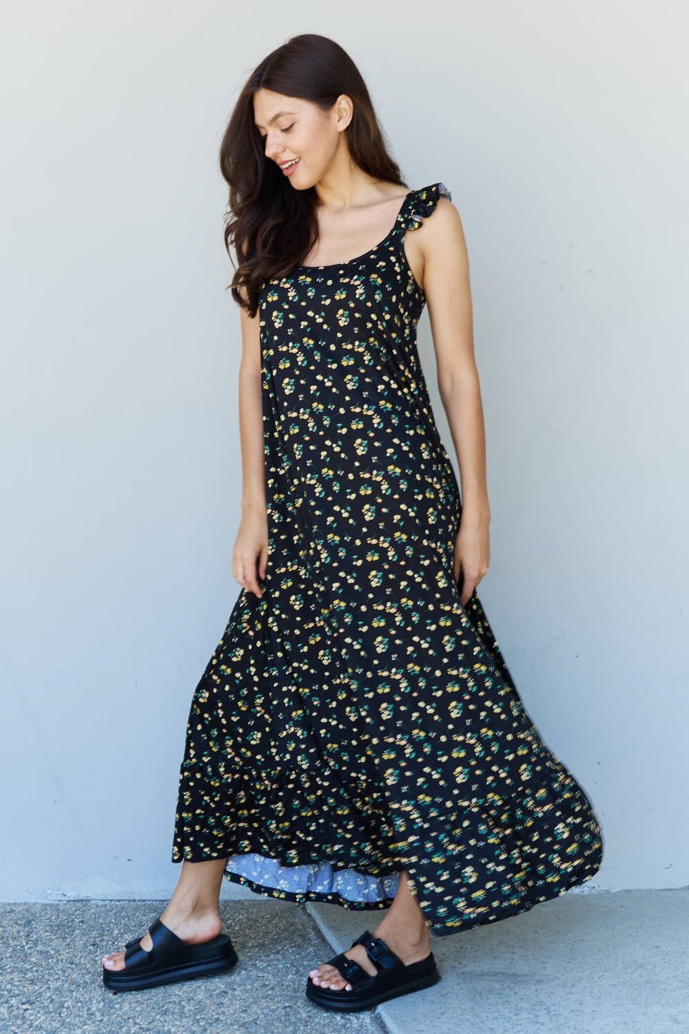 Doublju In The Garden Ruffle Floral Maxi Dress in Black Yellow Floral - Mervyns