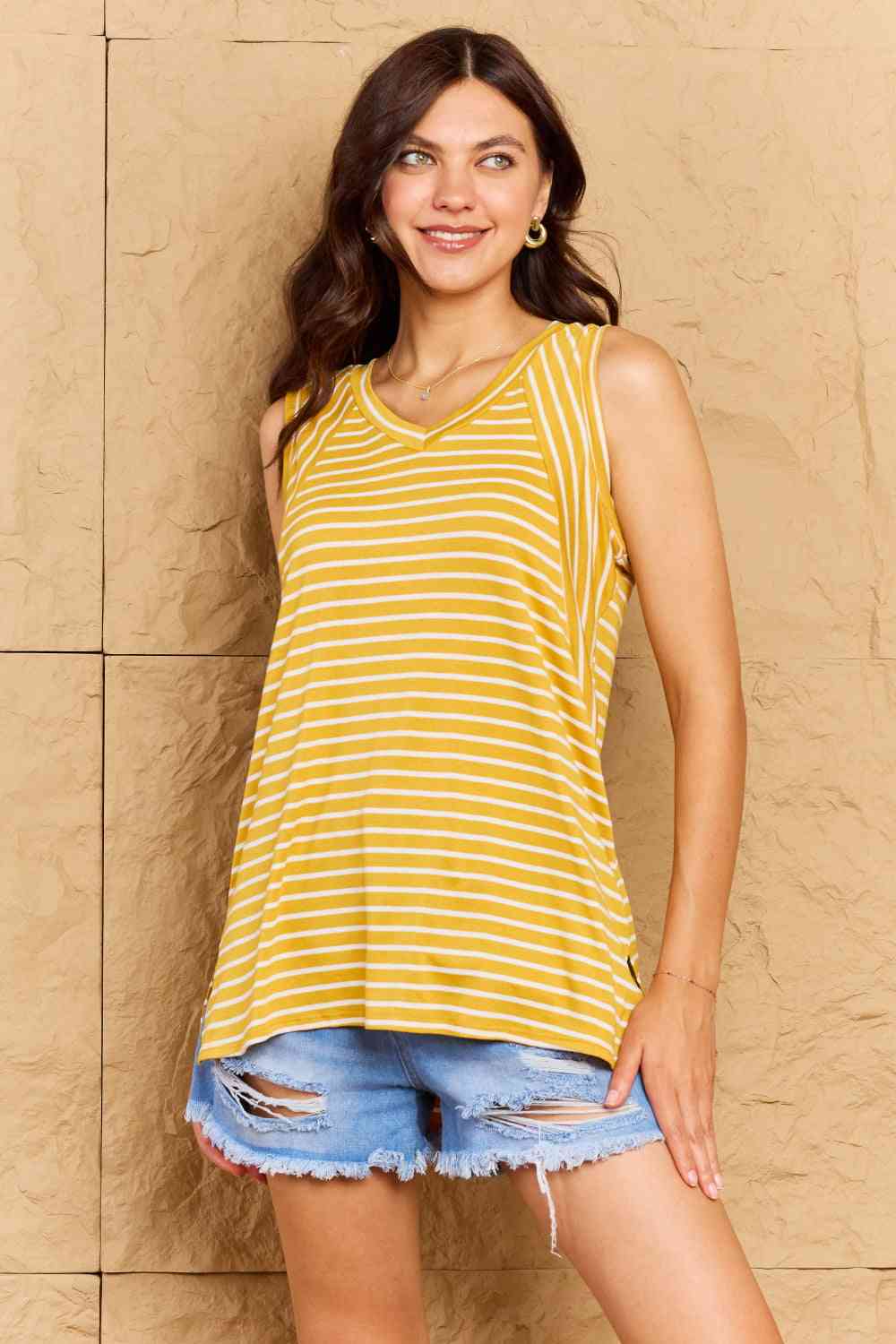 Doublju Talk To Me Full Size Striped Sleeveless V - Neck Top - Mervyns