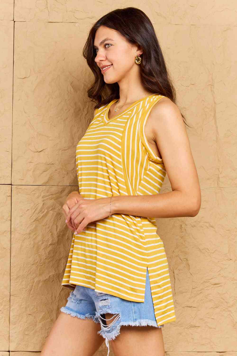 Doublju Talk To Me Full Size Striped Sleeveless V - Neck Top - Mervyns