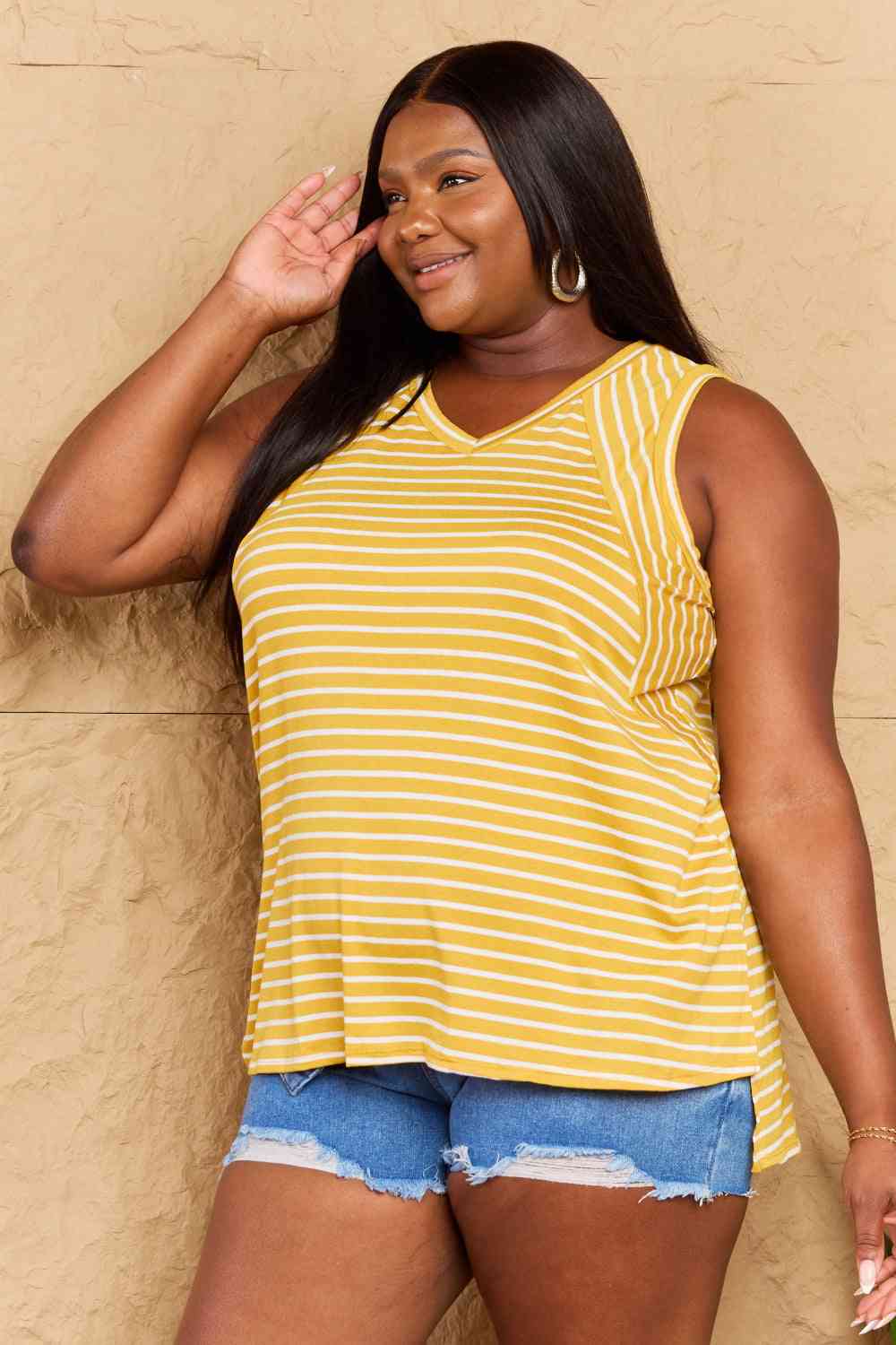 Doublju Talk To Me Full Size Striped Sleeveless V - Neck Top - Mervyns