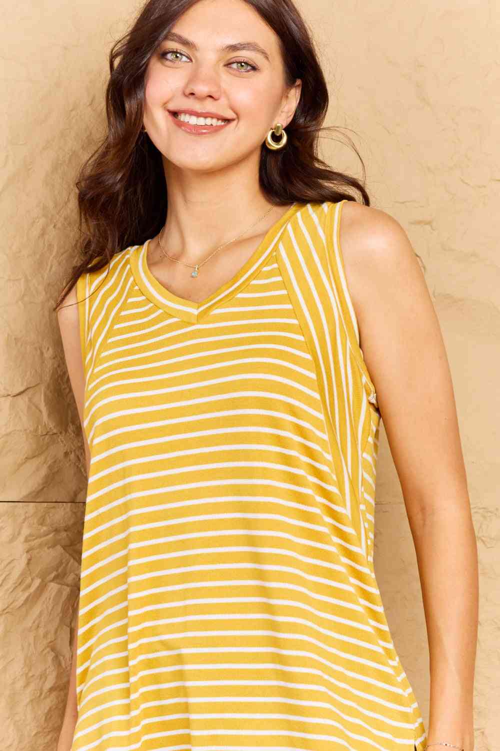 Doublju Talk To Me Full Size Striped Sleeveless V - Neck Top - Mervyns