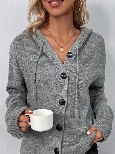 Drawstring Button Up Hooded Cardigan - Mervyns