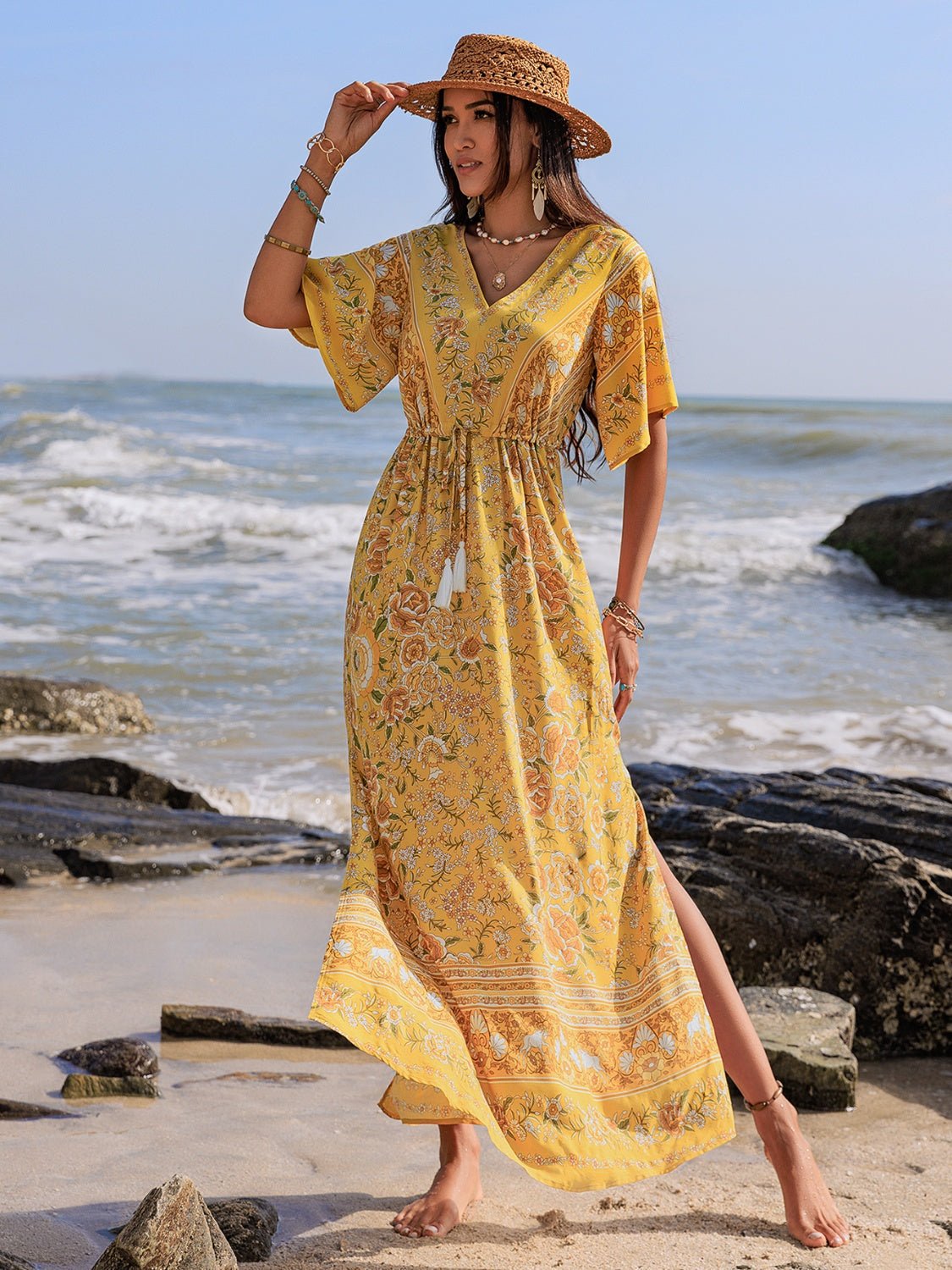 Drawstring Printed Plunge Half Sleeve Dress - Mervyns