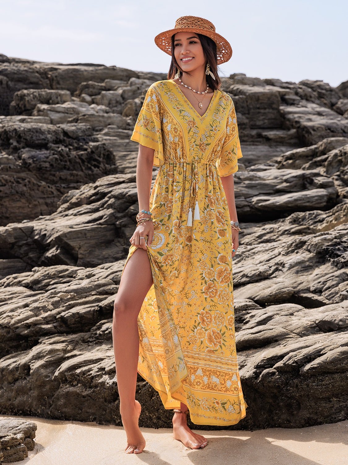 Drawstring Printed Plunge Half Sleeve Dress - Mervyns