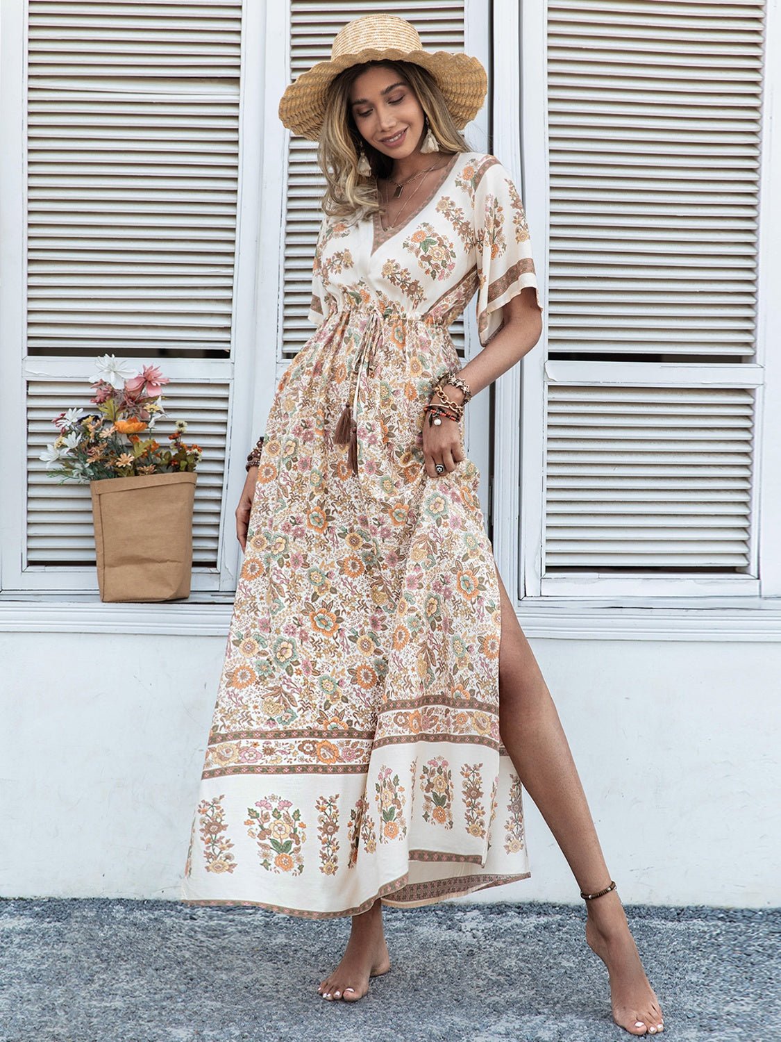 Drawstring Printed Plunge Half Sleeve Dress - Mervyns