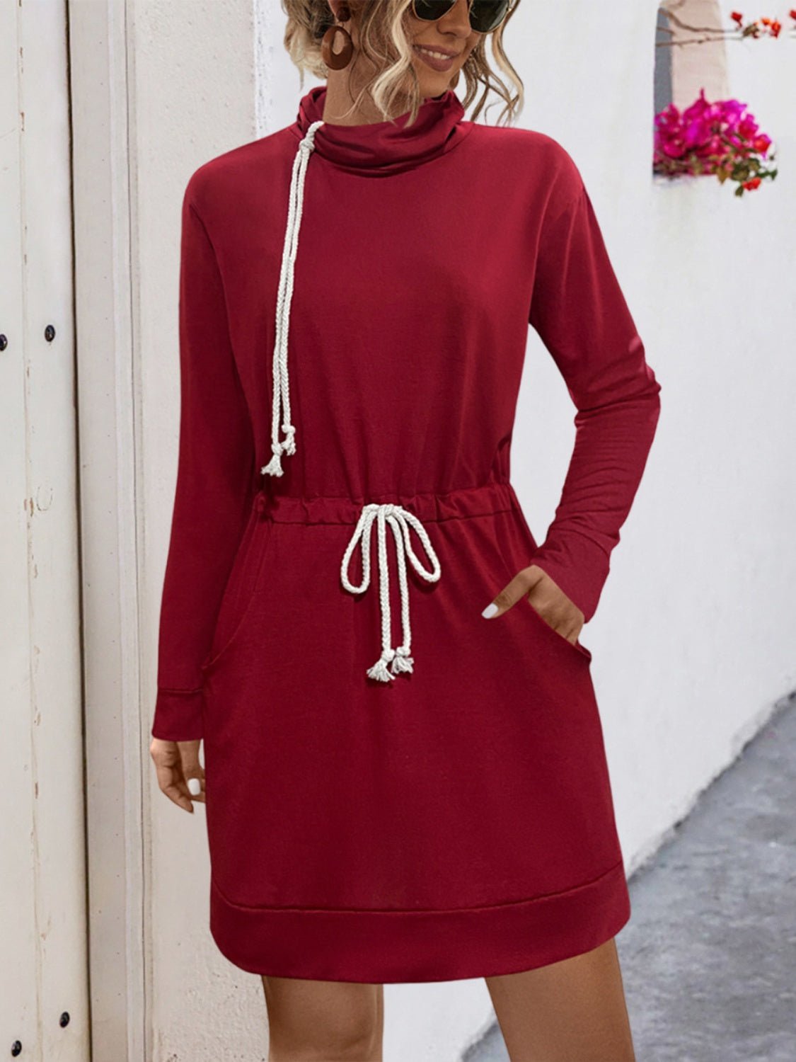 Drawstring Turtleneck Long Sleeve Mini Dress - Mervyns