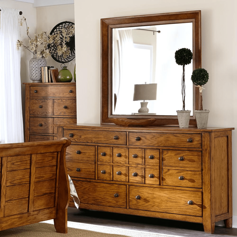 Dresser & Mirror (175 - BR - DM), Aged Oak Finish - Mervyns