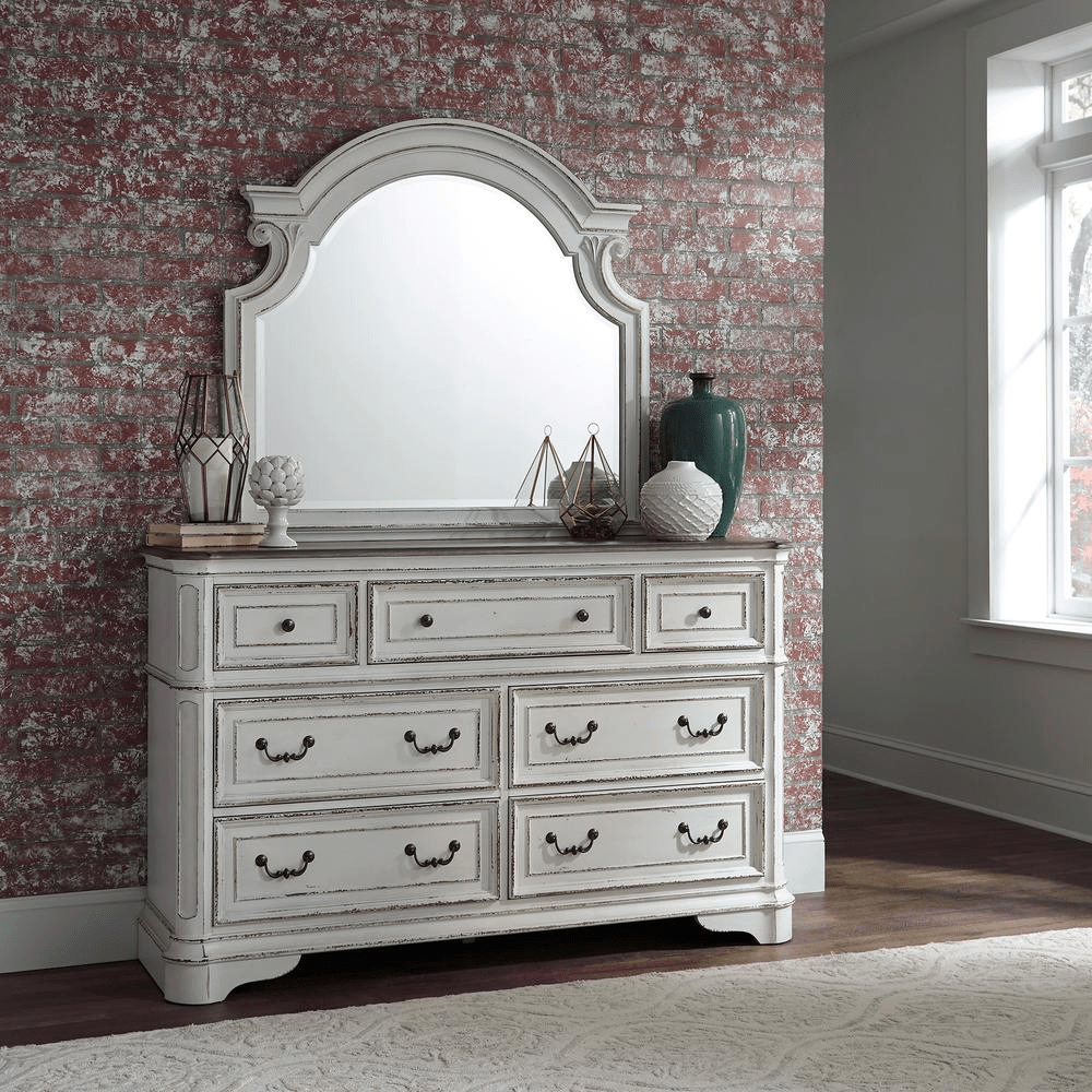 Dresser & Mirror (244 - BR - DM), Antique White Finish - Mervyns