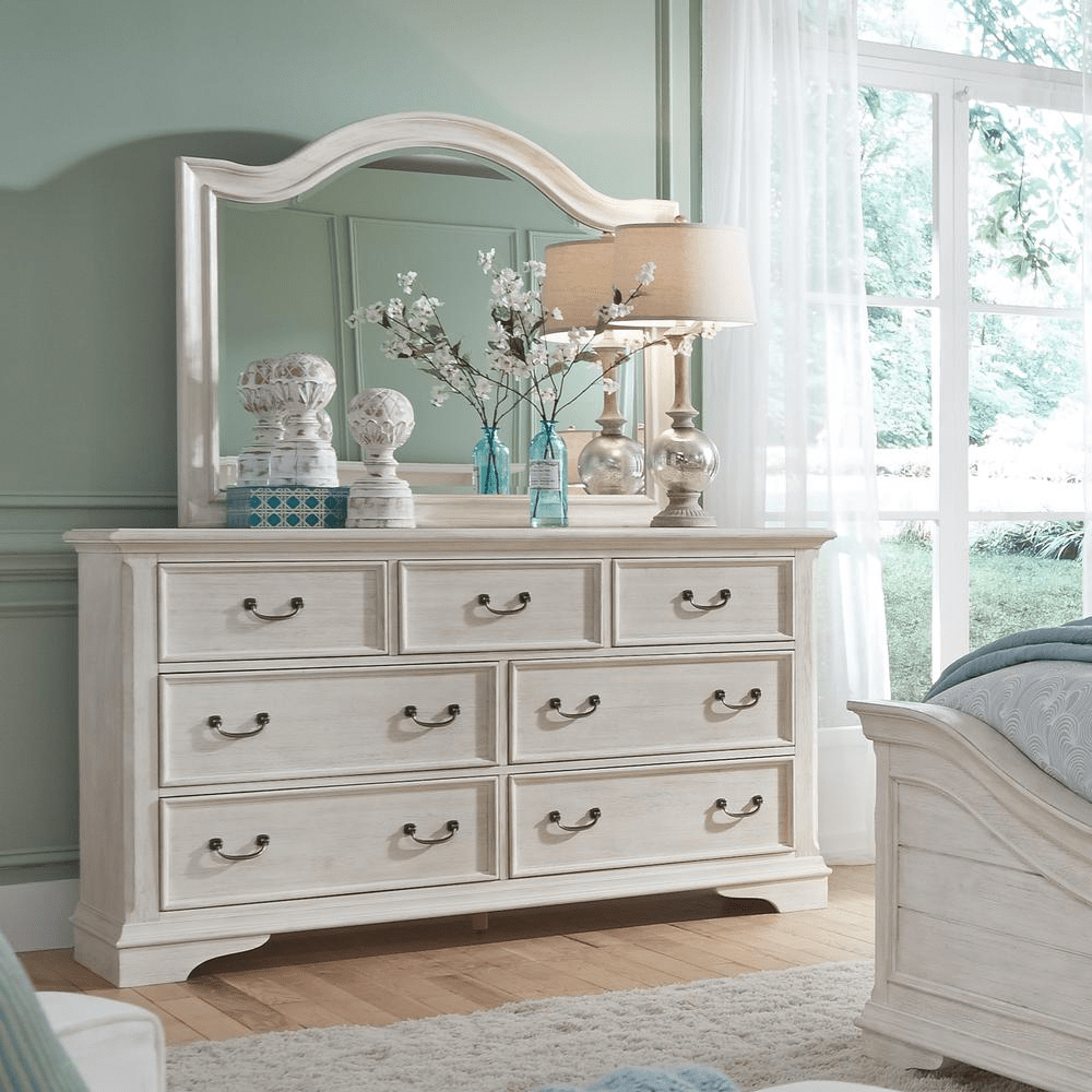 Dresser & Mirror (249 - BR - DM), Antique White Finish with Heavy Wire Brush - Mervyns