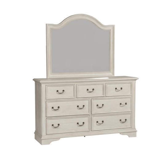 Dresser & Mirror (249 - BR - DM), Antique White Finish with Heavy Wire Brush - Mervyns