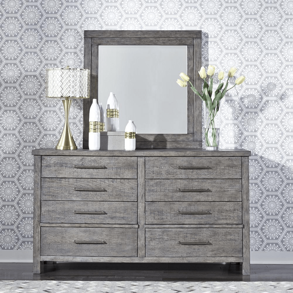 Dresser & Mirror (406 - BR - DM), Dusty Charcoal Finish w/ Heavy Distressing - Mervyns