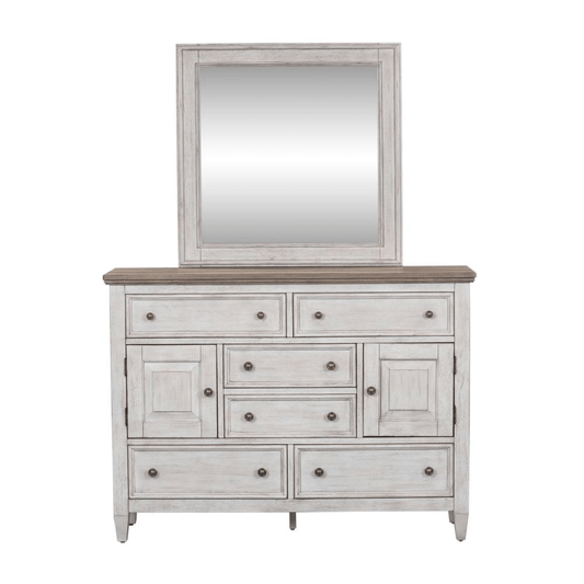 Dresser & Mirror (824 - BR - DM), Antique White Finish w/ Tobacco Tops - Mervyns