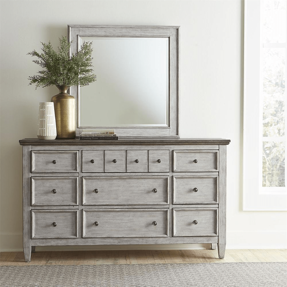 Dresser & Mirror (824 - BR - DM), Antique White Finish w/ Tobacco Tops - Mervyns