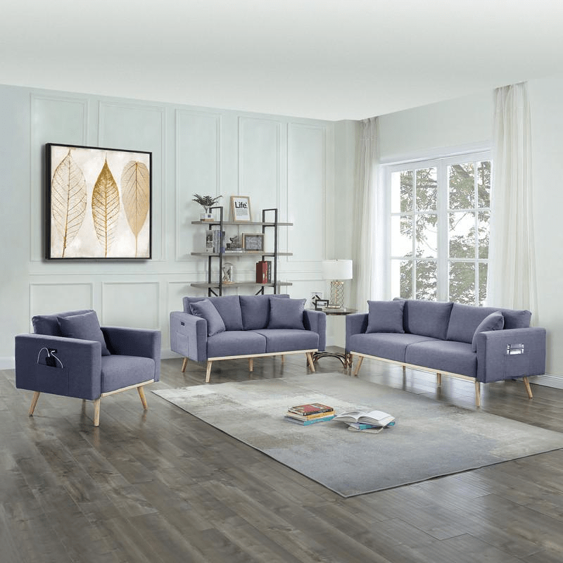 Easton Dark Gray Linen Fabric Sofa Loveseat Chair Living Room Set with USB Charging Ports Pockets & Pillows - Mervyns