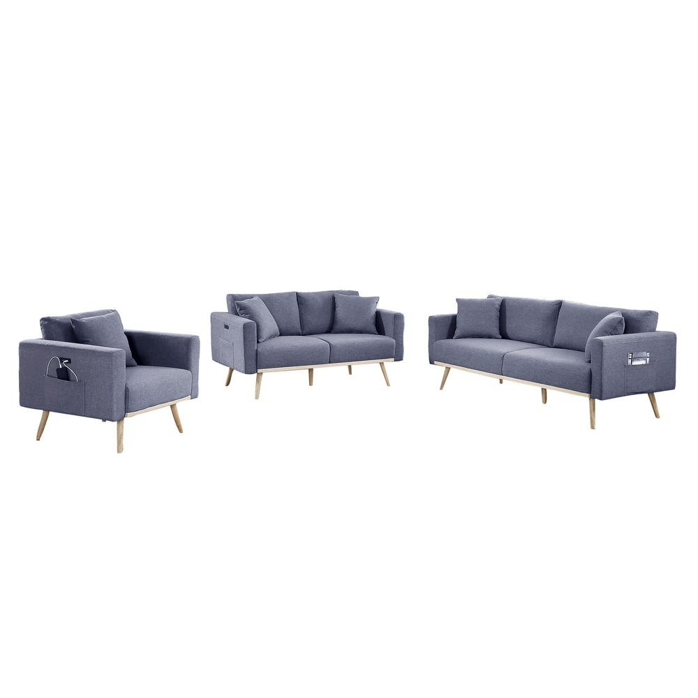 Easton Dark Gray Linen Fabric Sofa Loveseat Chair Living Room Set with USB Charging Ports Pockets & Pillows - Mervyns