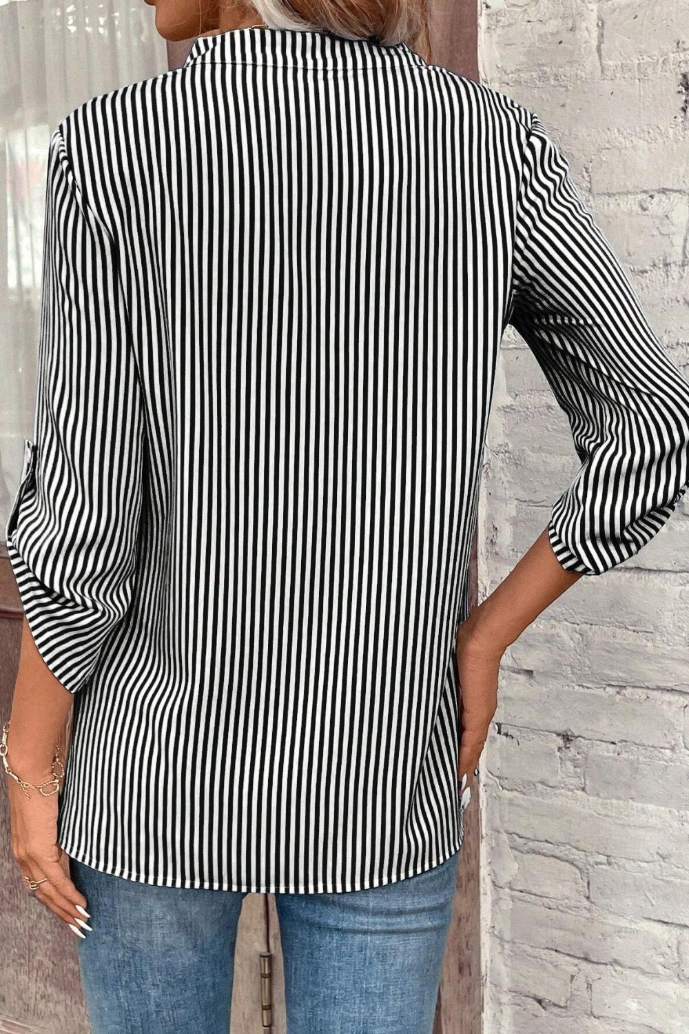 Striped Notched Roll-Tab Sleeve Shirt